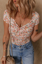 Printed Ruched Short Sleeve Bodysuit