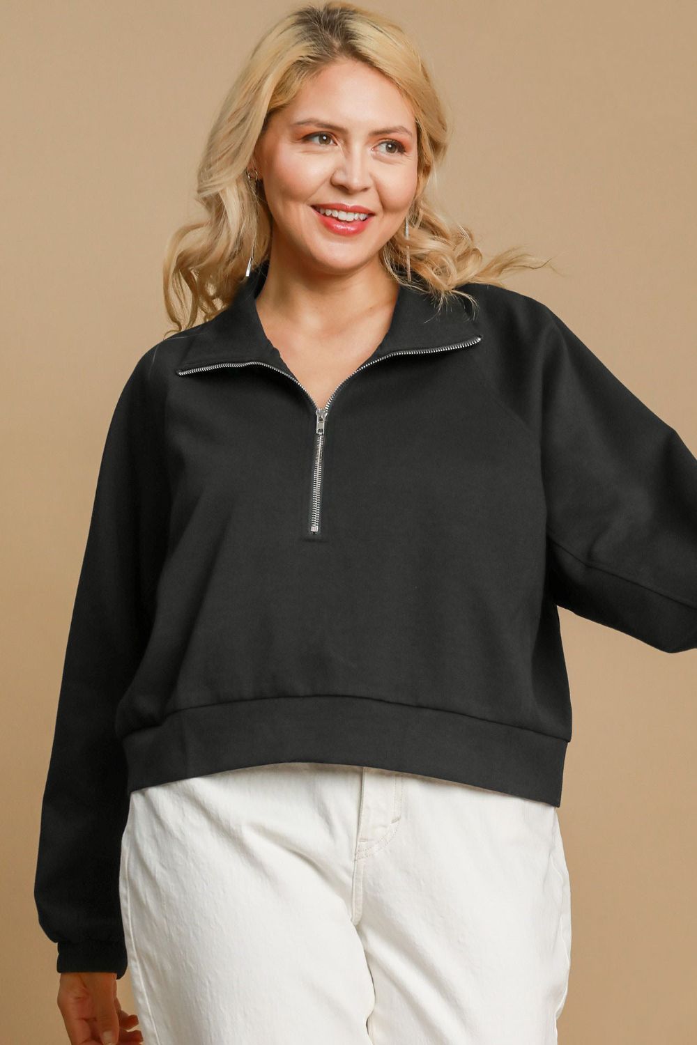 Umgee Full Size Half Zip Cropped Sweatshirt Plus Size
