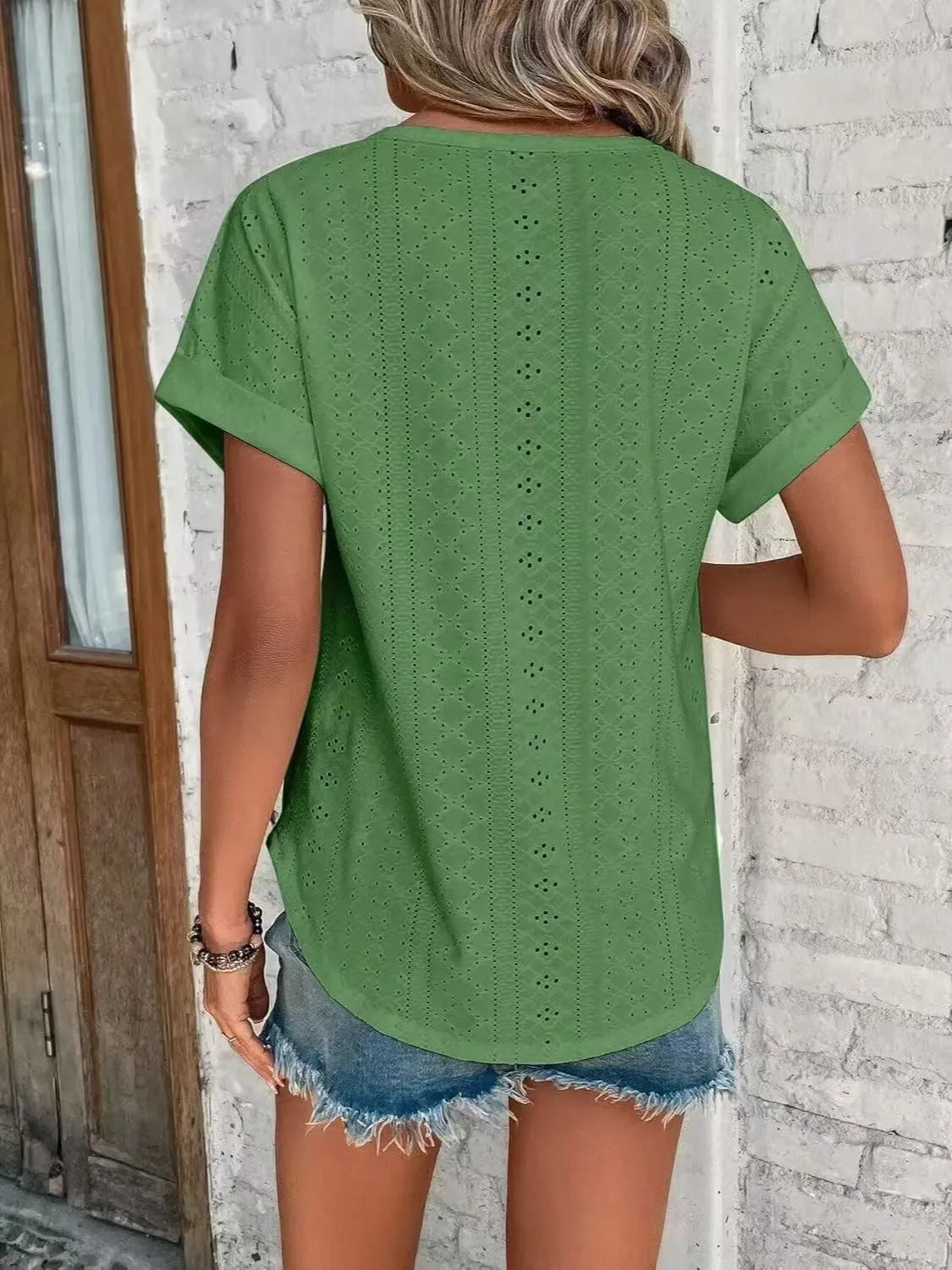 Eyelet Round Neck Short Sleeve Top