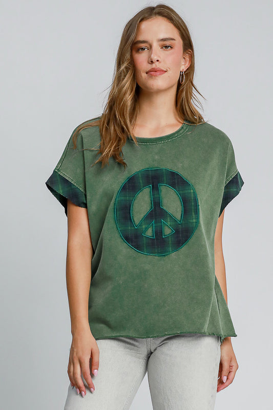 Umgee Peace Applique Round Neck French Terry Top - felvior