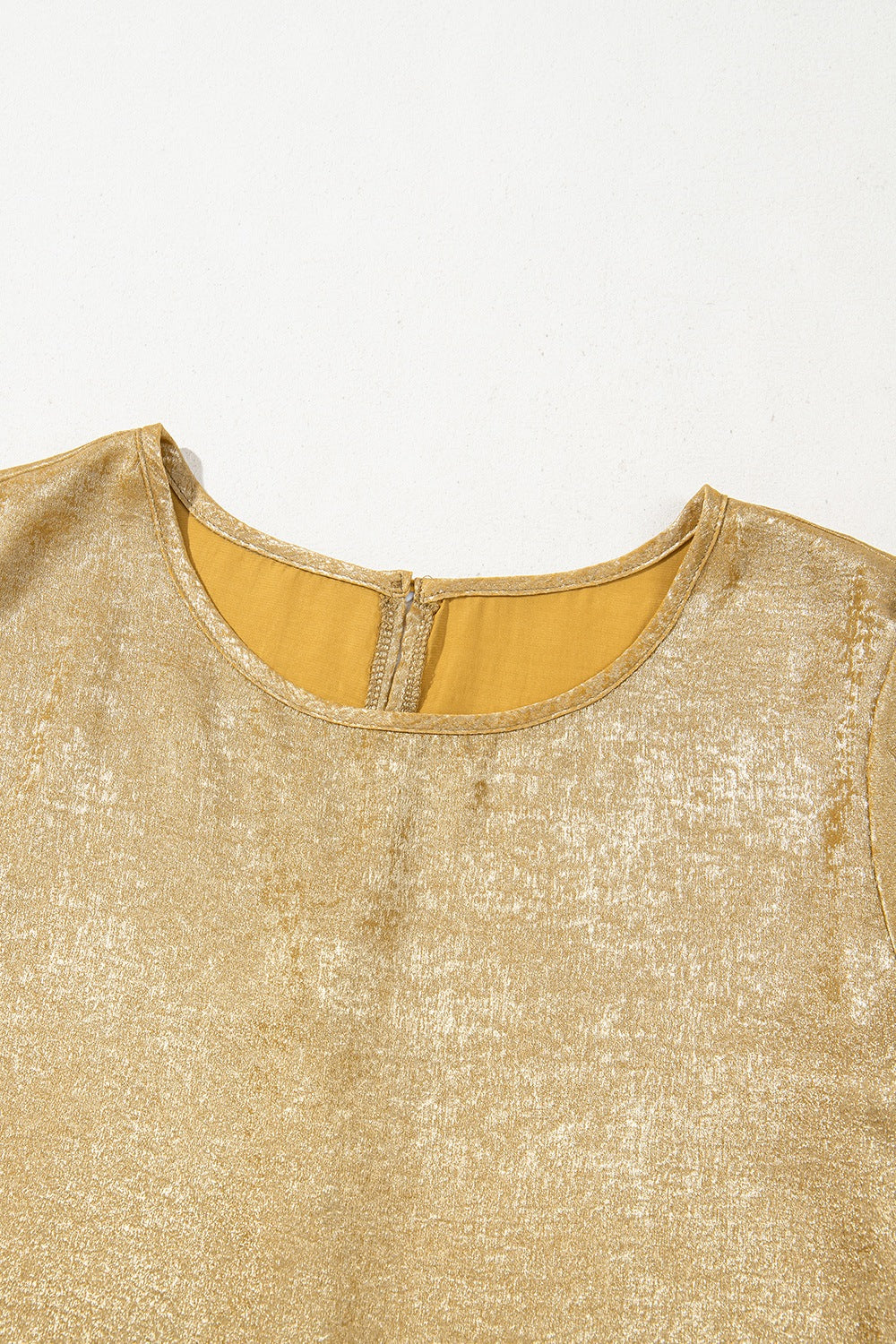 Metallic Luster Round Neck Frill 3/4 Sleeve Blouse - felvior