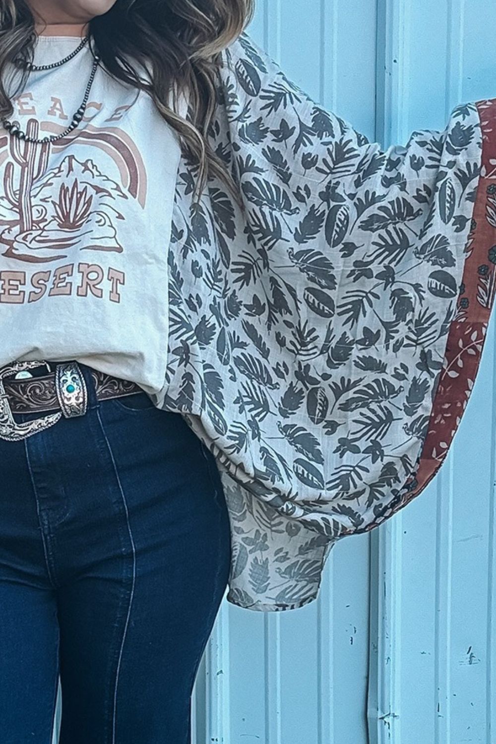 Peace Desert Graphic Asymmetric Printed Patchwork Sleeve Top