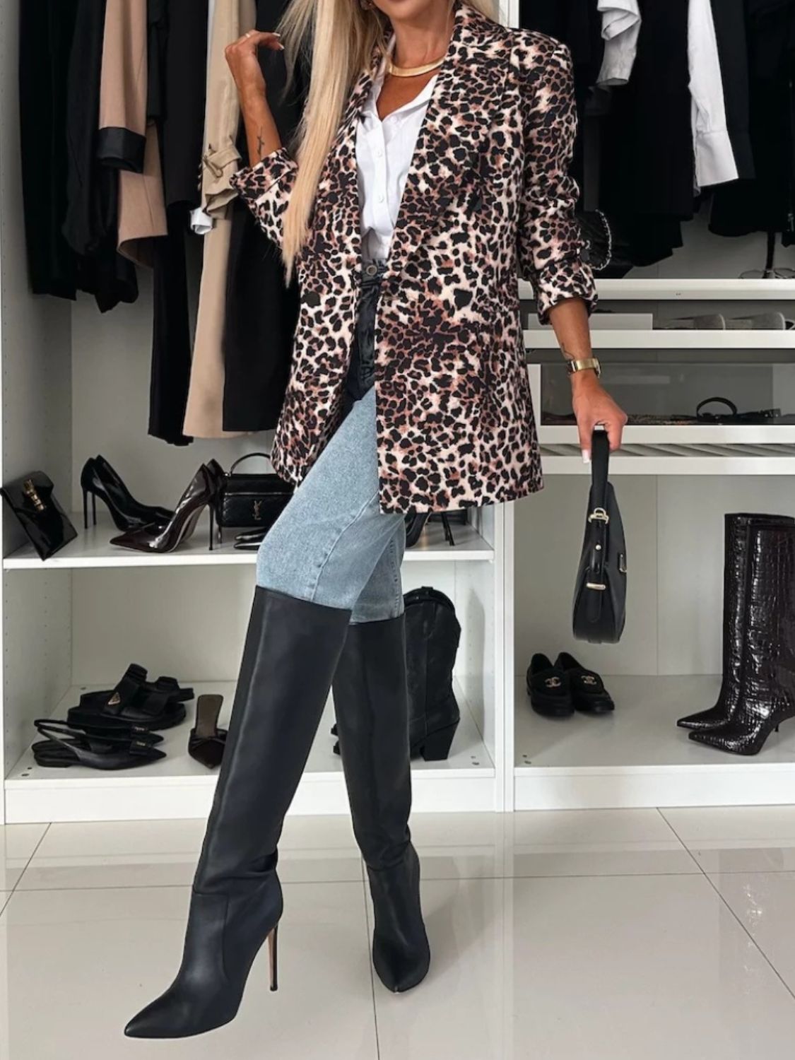 Animal Print Long Sleeve Blazer - felvior