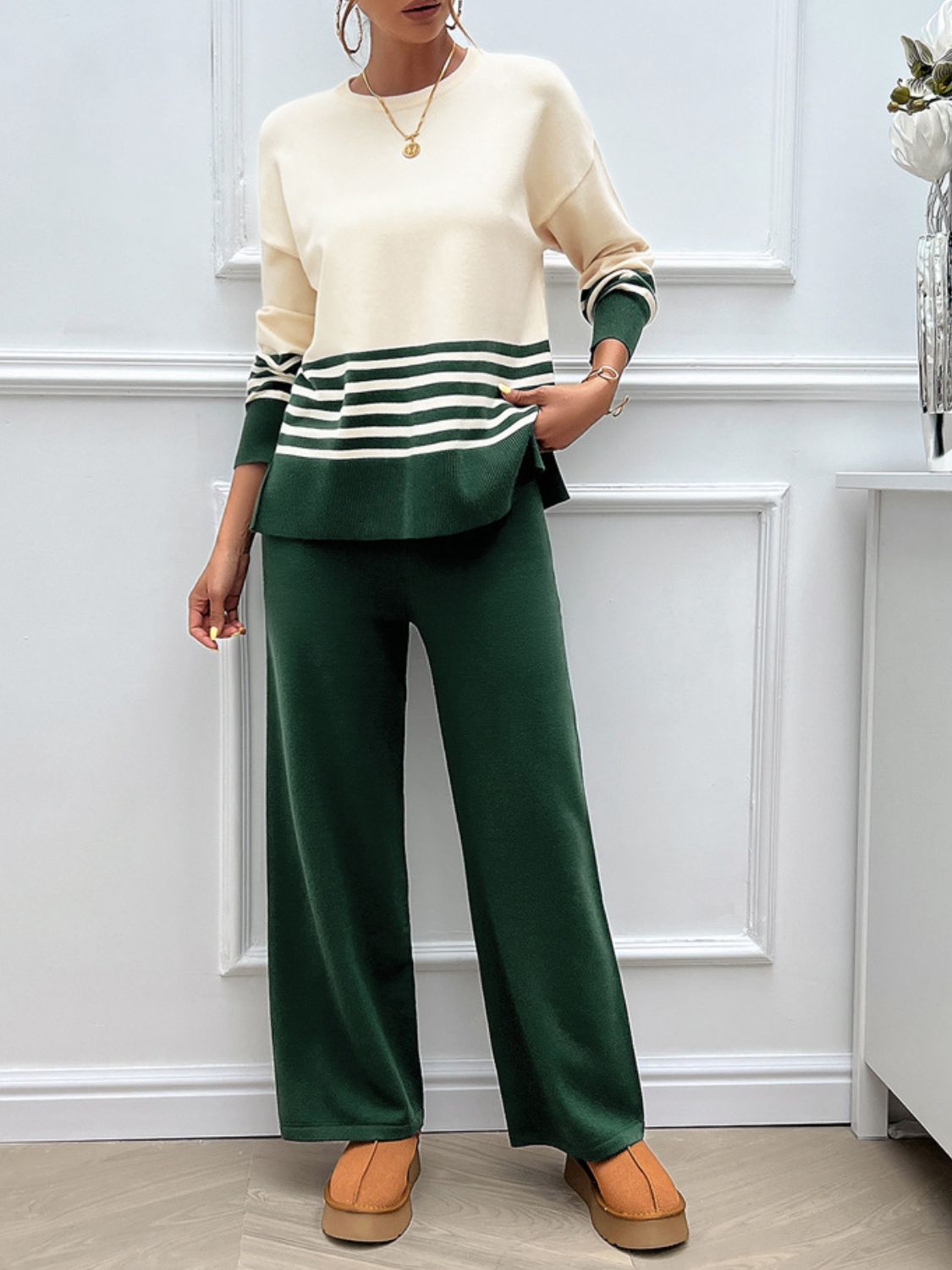 Devine Slit Striped Round Neck Top and Pants Sweater Set - felvior