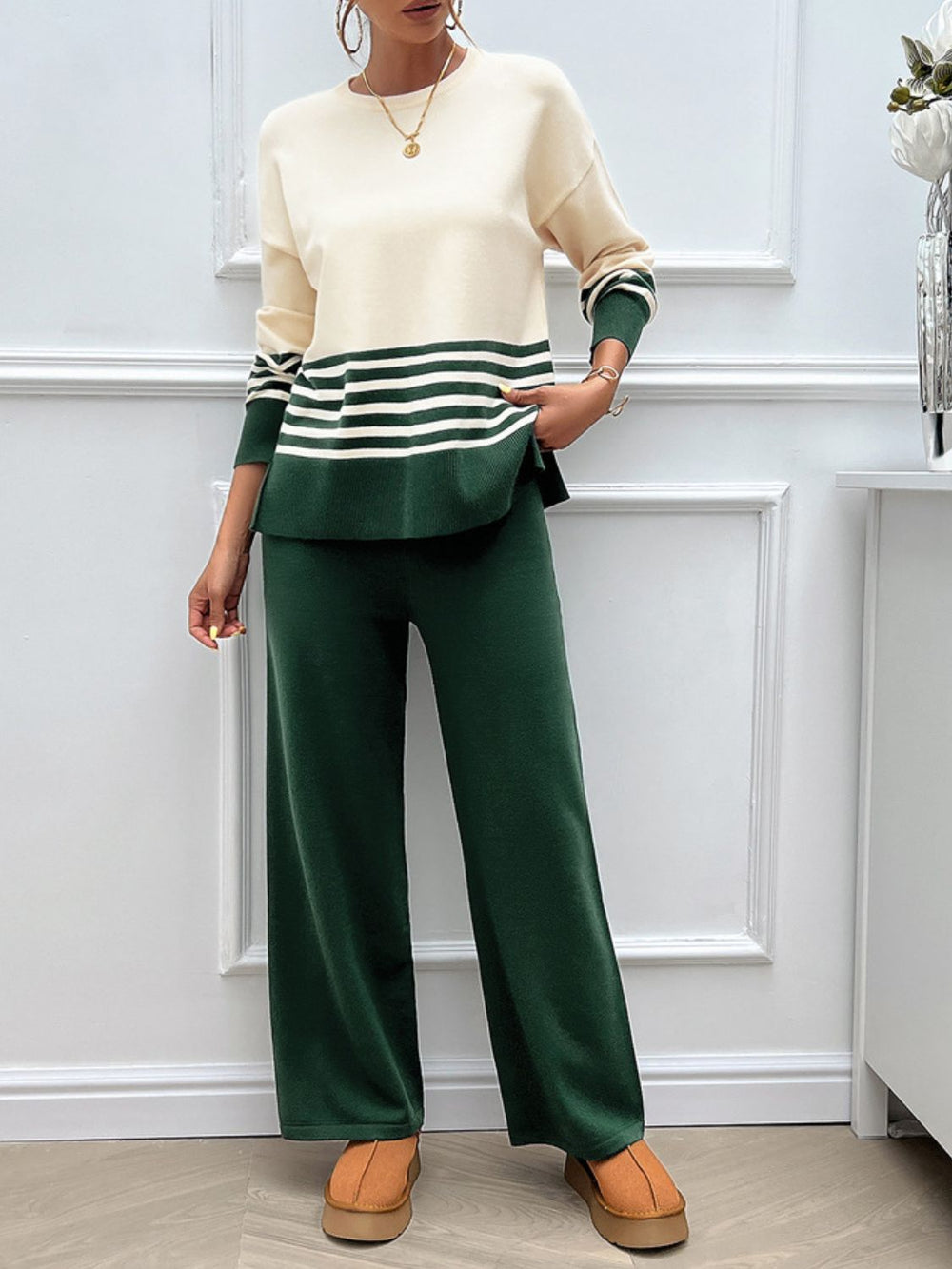 Devine Slit Striped Round Neck Top and Pants Sweater Set - felvior