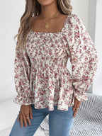 Floral Square Neck Flounce Sleeve Blouse