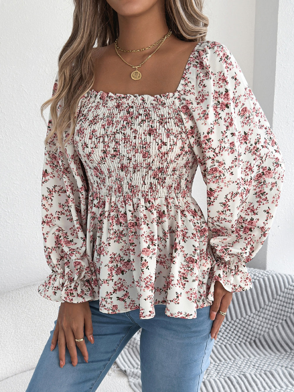 Floral Square Neck Flounce Sleeve Blouse