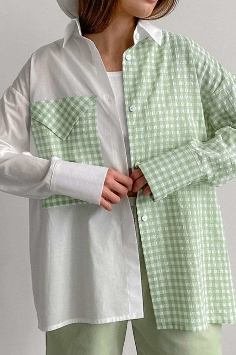 Two-Tone Plaid Button Down Long Sleeve Shirt