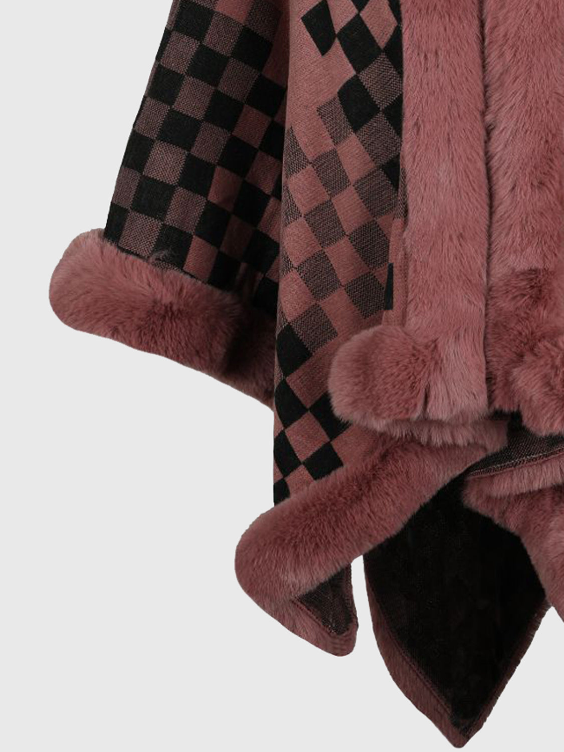 Checkered Faux Fur Trim Poncho - felvior