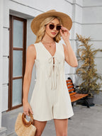 Tie Front Sleeveless Romper with Pockets