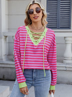 Lace-Up Striped Long Sleeve T-Shirt