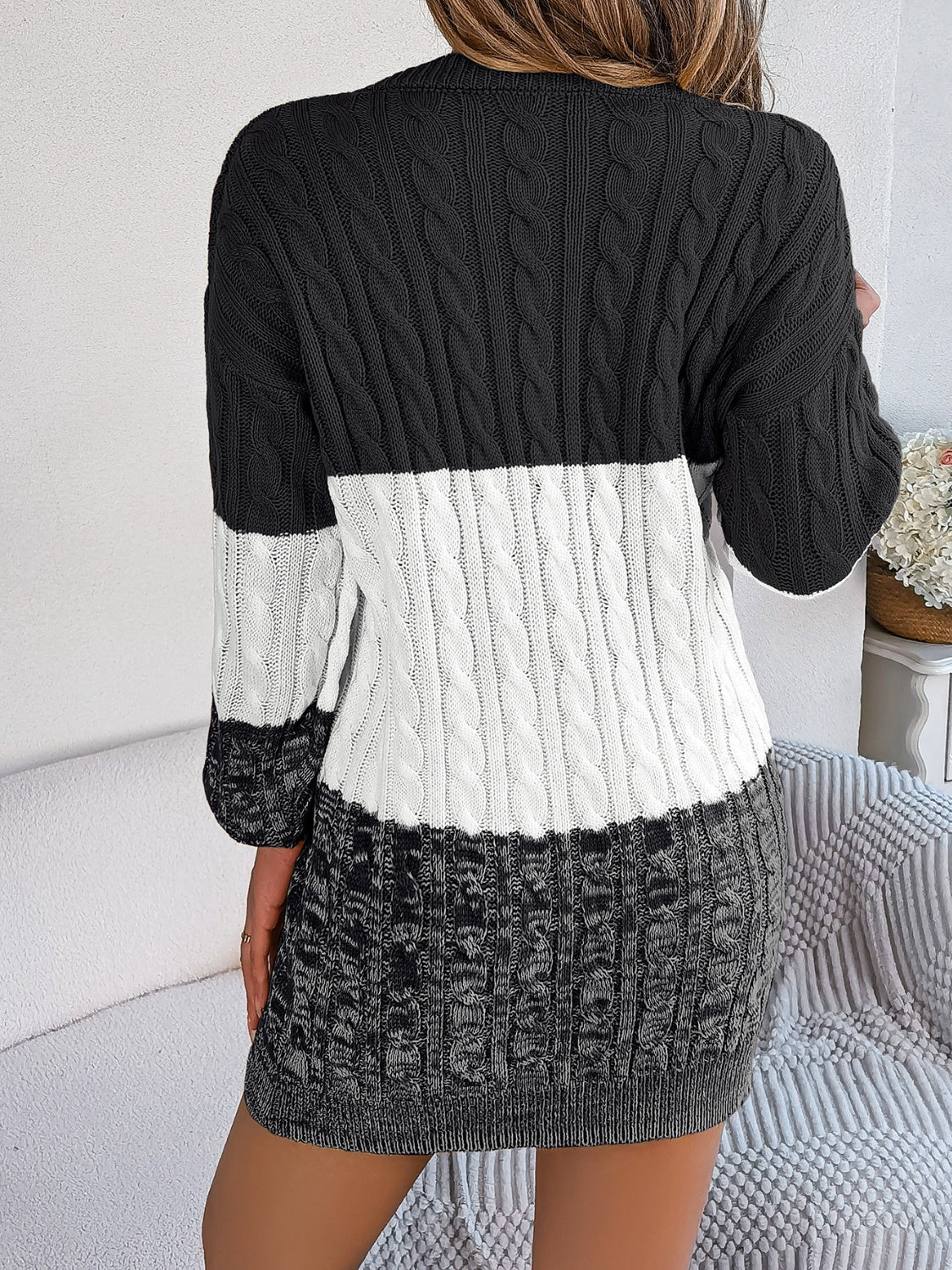 Cable-Knit Round Neck Color Block Sweater Dress - felvior