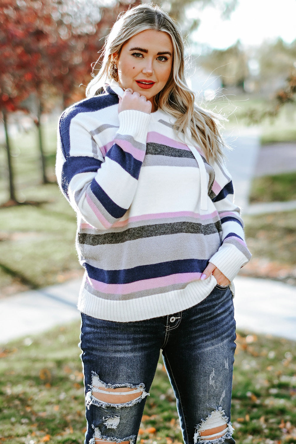 Plus Size Striped Long Sleeve Hooded Sweater - felvior