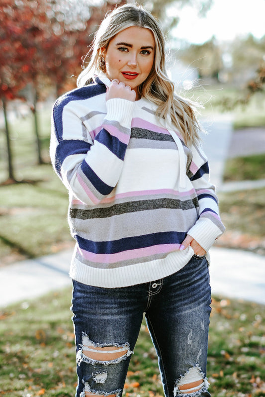 Plus Size Striped Long Sleeve Hooded Sweater - felvior