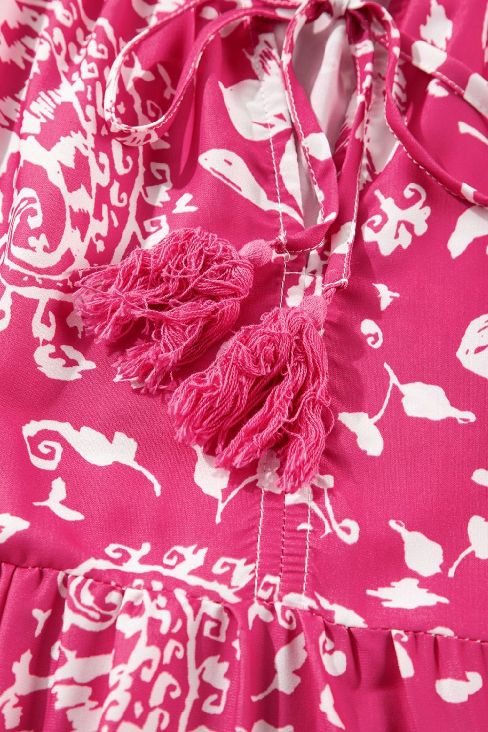 Floral Sleeveless Tasseled Tie Neck Tiered Midi Dress