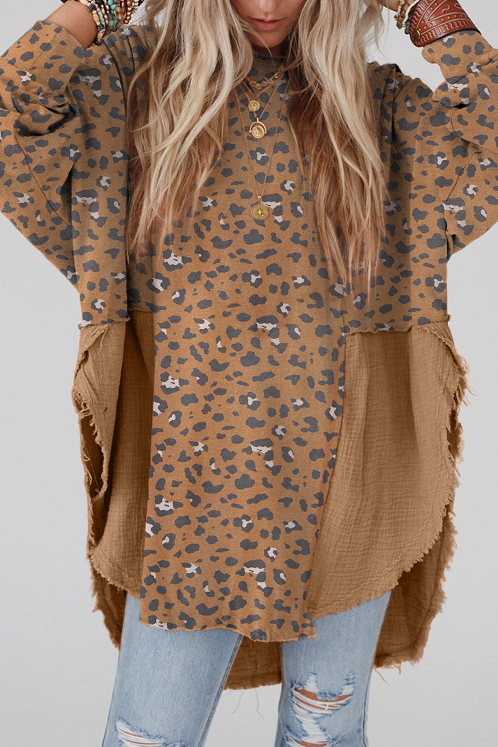 Textured Leopard Dropped Shoulder Blouse - felvior