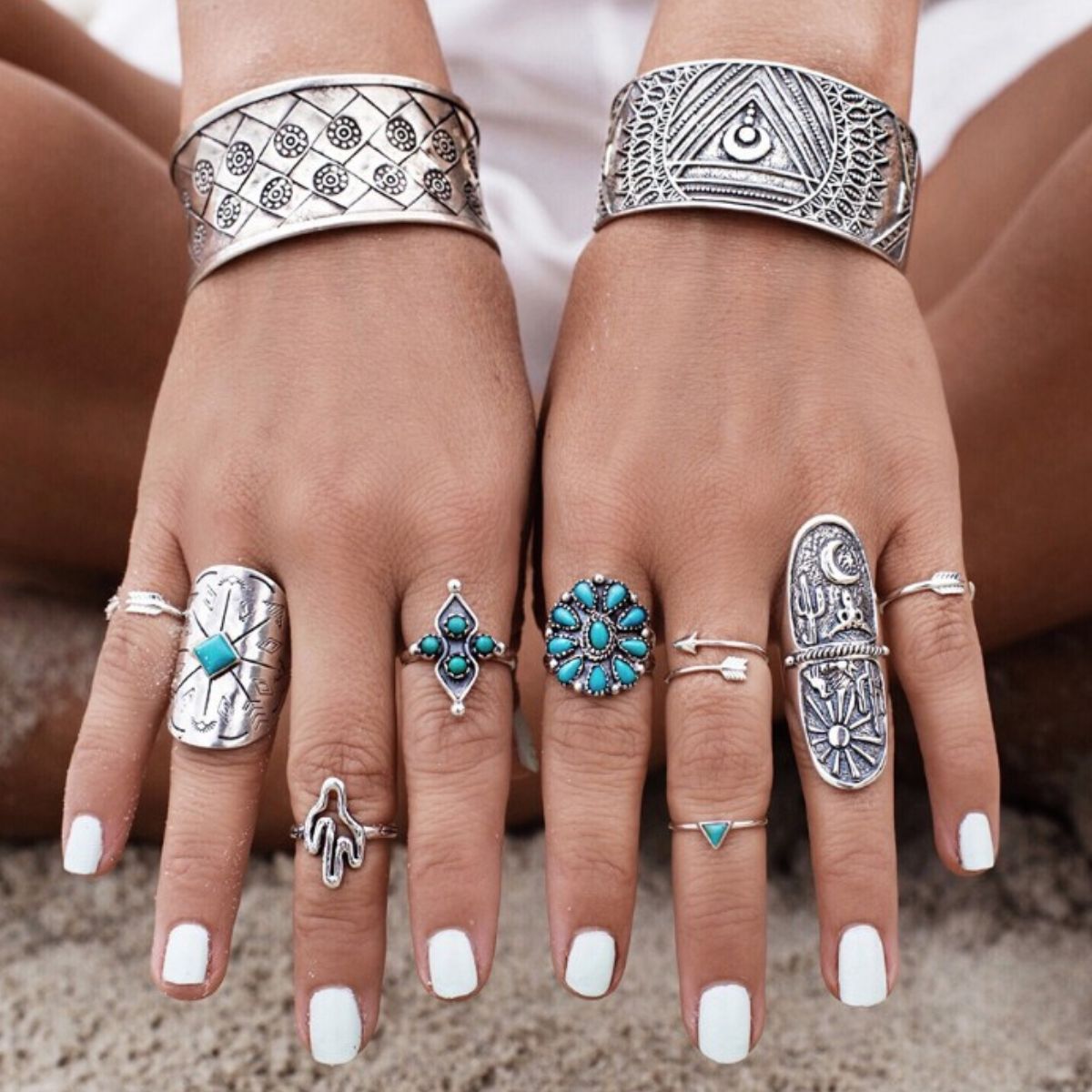 Alloy Turquoise 9-Piece Ring Set - felvior