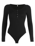 Quarter Snap Ribbed Round Neck Long Sleeve Bodysuit - felvior