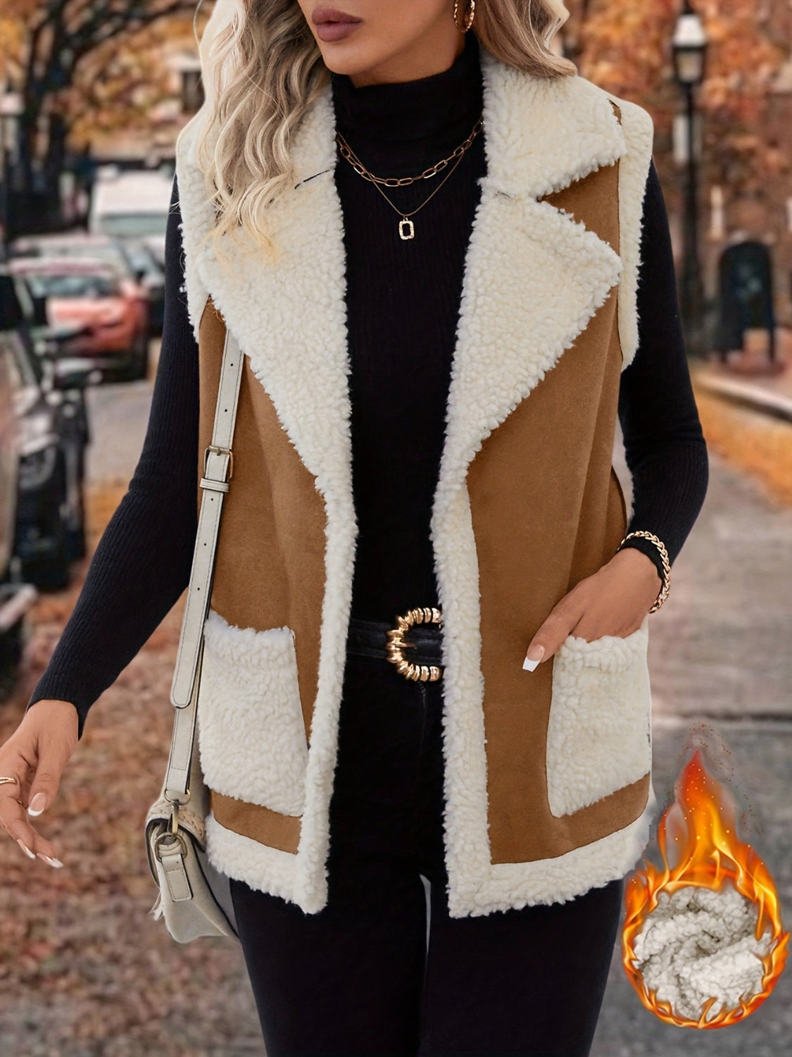 Full Size Contrast Open Front Sherpa Vest Coat - felvior