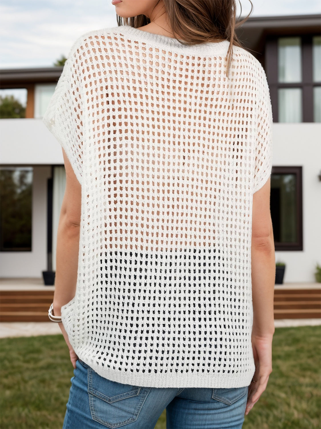Openwork Round Neck Short Sleeve Cover-Up - felvior