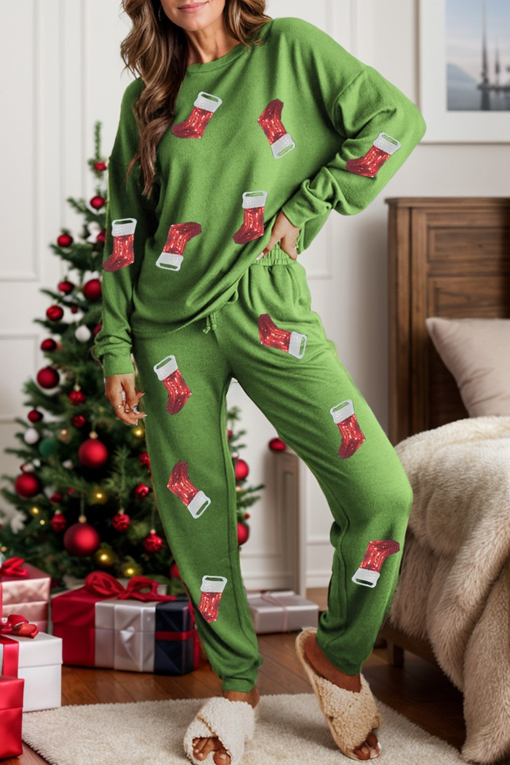 Sequin Socks Round Neck Long Sleeve Top and Pants Lounge Set - felvior