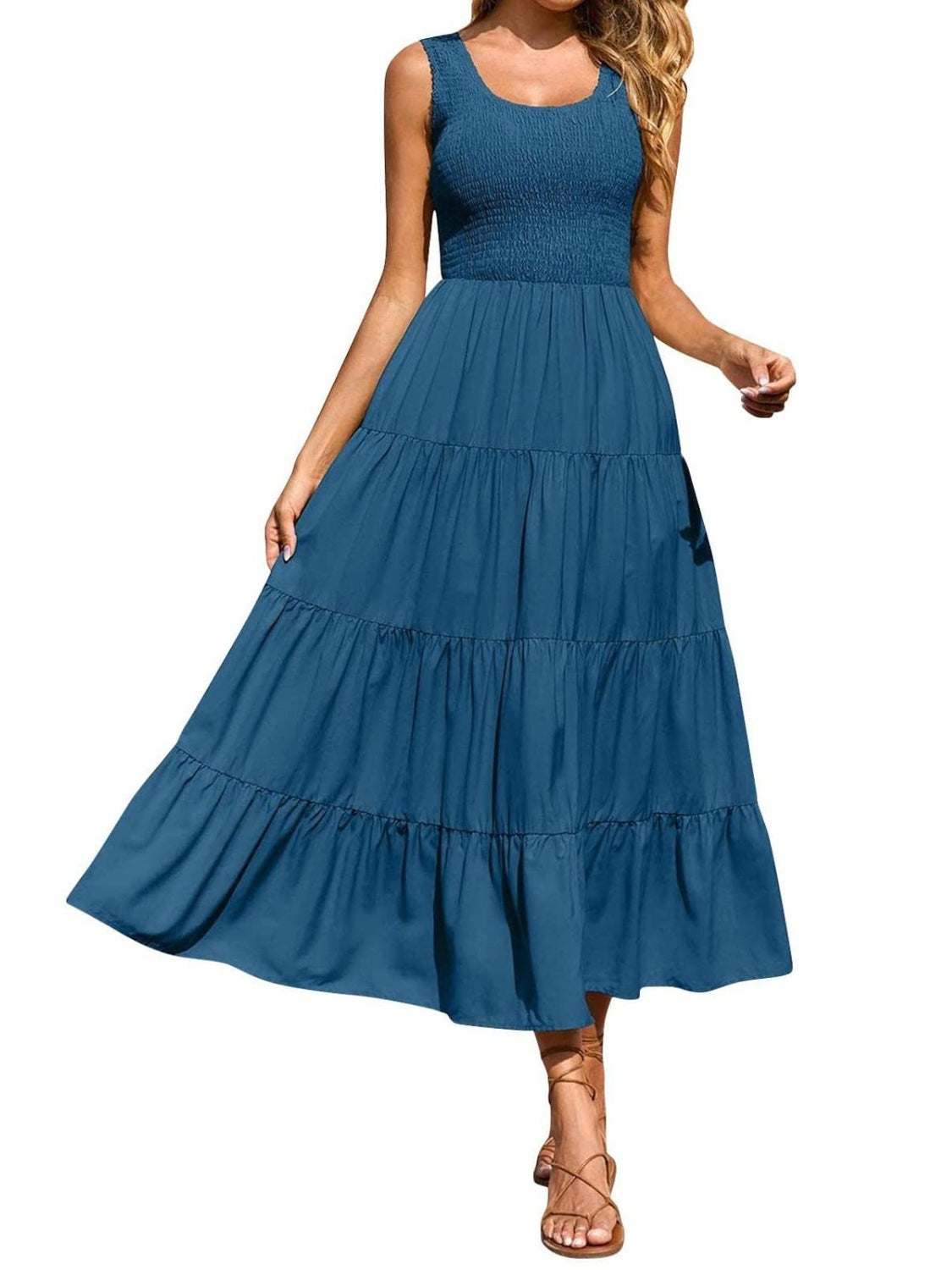 Tiered Smocked Wide Strap Dress - felvior