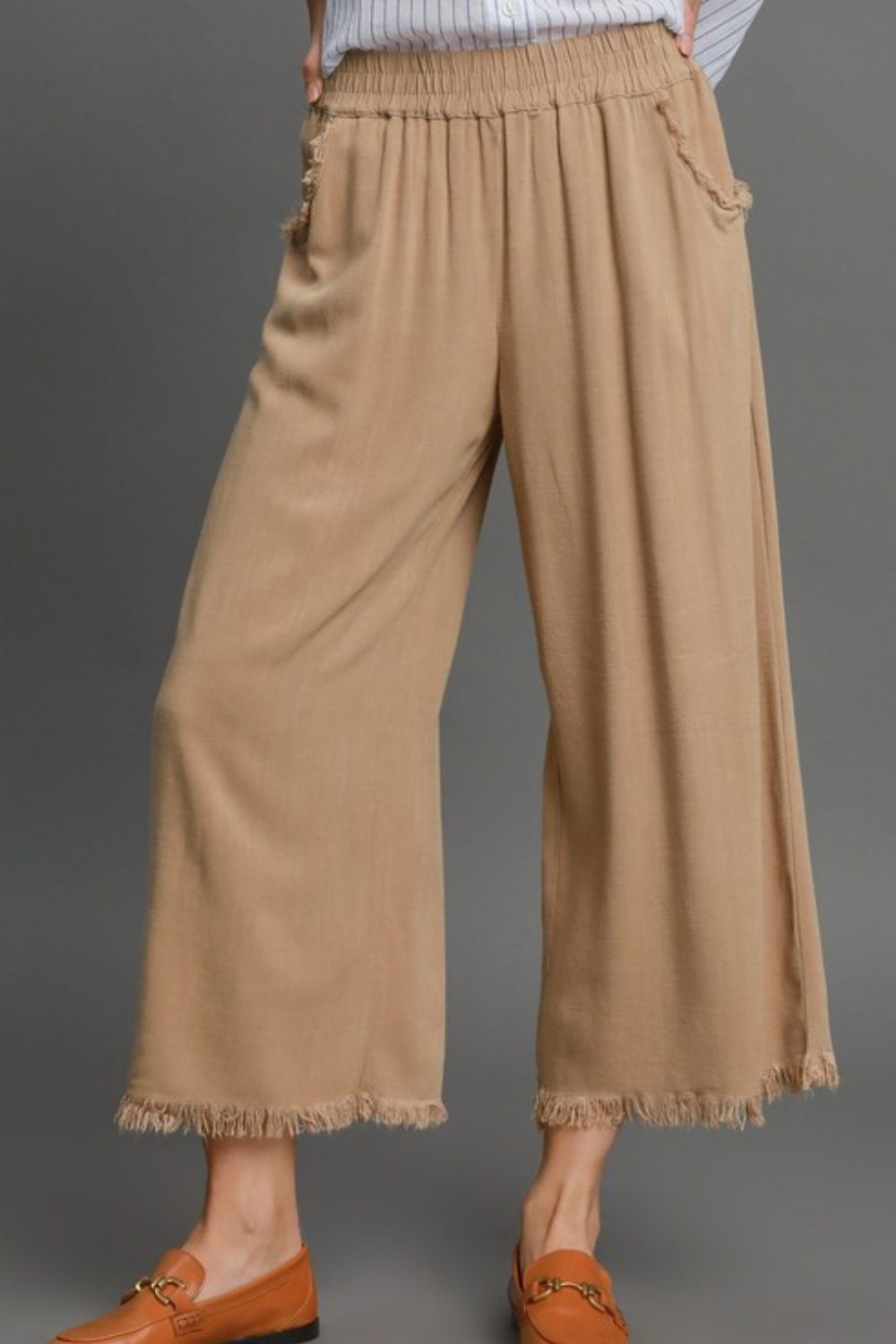Umgee Full Size Linen Blend Elastic Waistband Wide Leg Pants Plus Size Image principale du produit