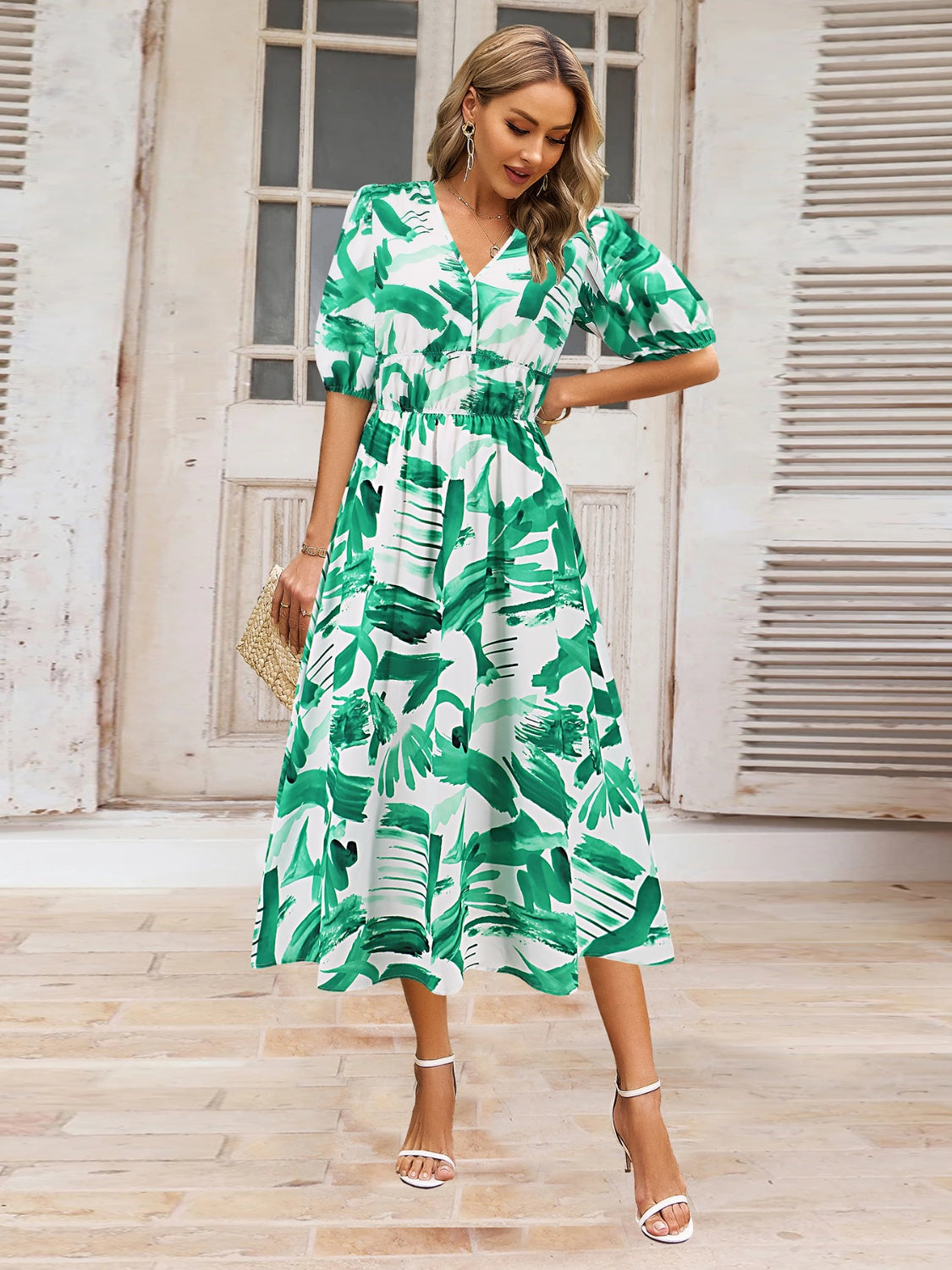 Ruched Printed Surplice Short Sleeve Dress - felvior