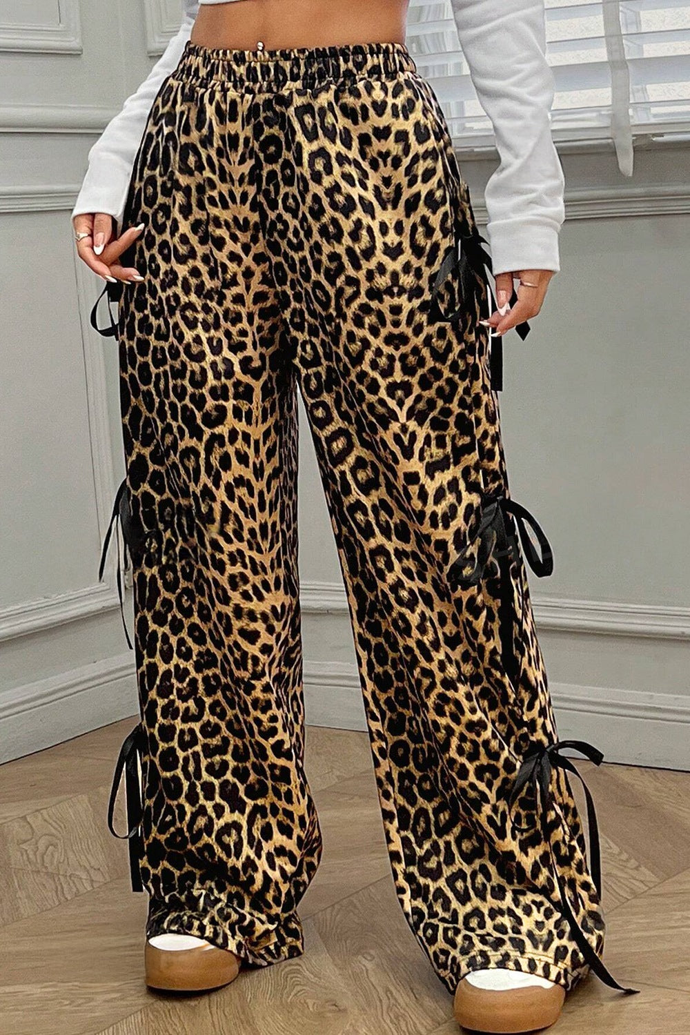 Leopard Bow Tie Elastic Waist Pants - felvior