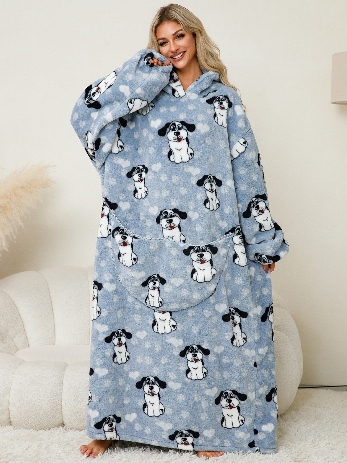 Fuzzy Pocketed Long Sleeve Hooded Lounge Dress - felvior