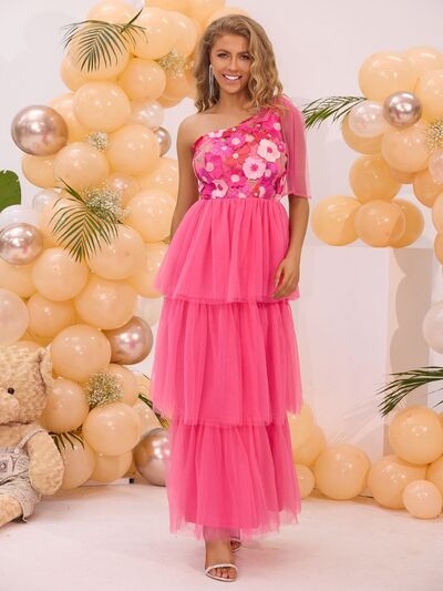 Embroidered Layered Single Shoulder Midi Dress