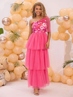 Embroidered Layered Single Shoulder Midi Dress