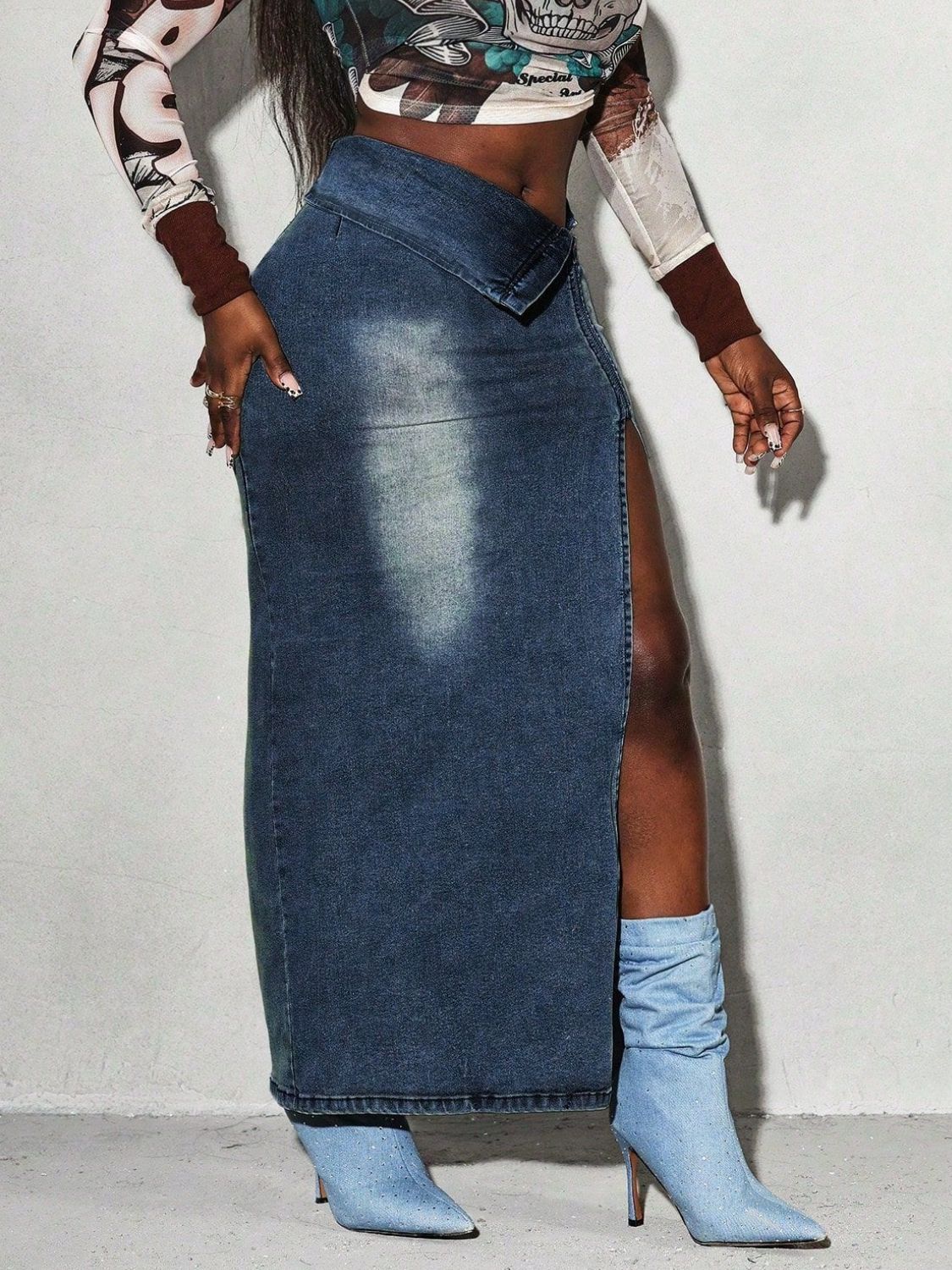 Split Denim Maxi Skirt