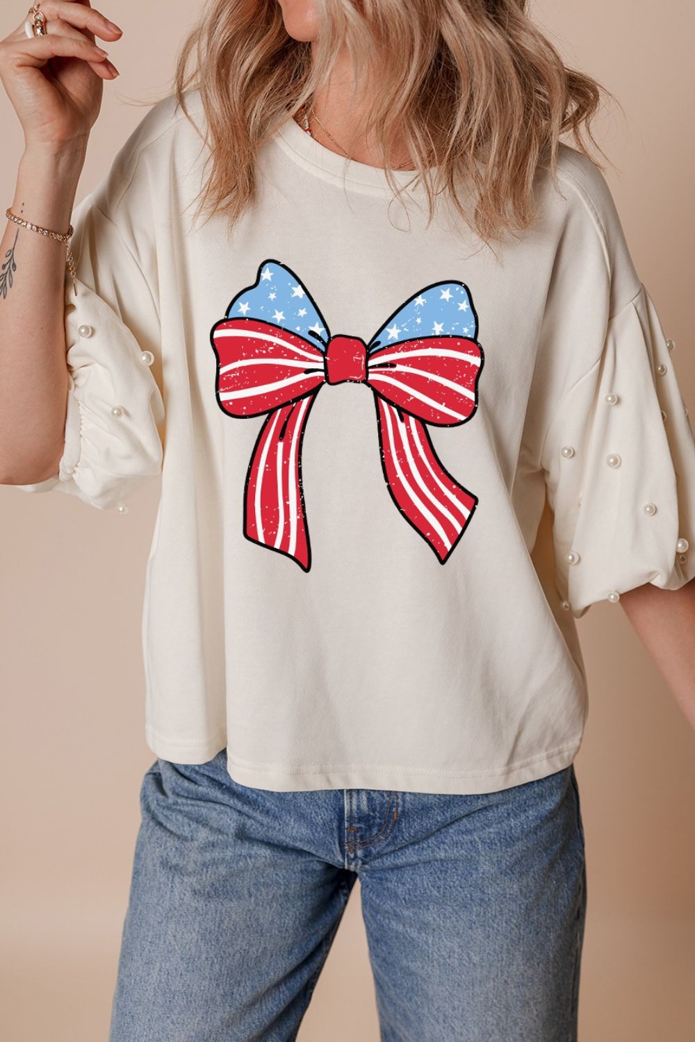 Bowknot Graphic Pearl Puff Half Sleeve T Shirt