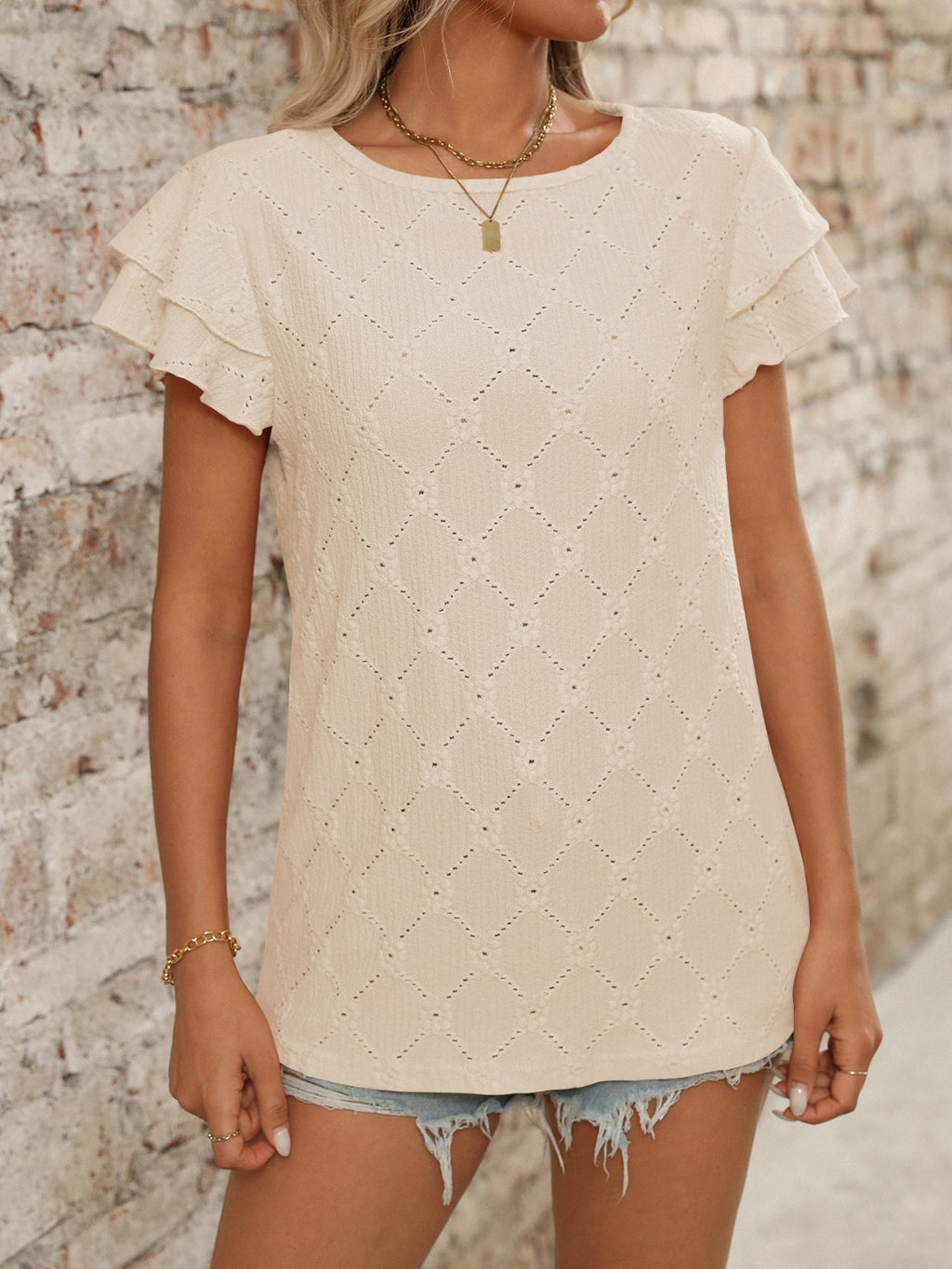 Eyelet Round Neck Double Layered Ruffled Short Sleeve Top