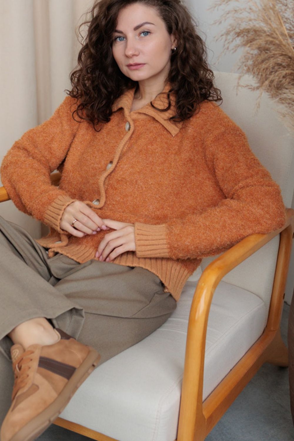 Collared Neck Button Down Long Sleeve Cardigan - felvior