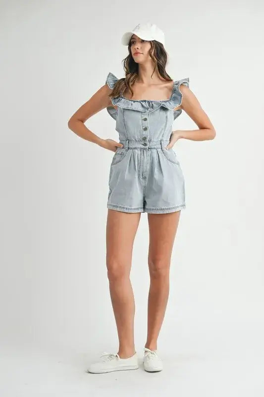 MABLE Off Shoulder Ruffle Detail Denim Romper