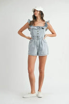 MABLE Off Shoulder Ruffle Detail Denim Romper