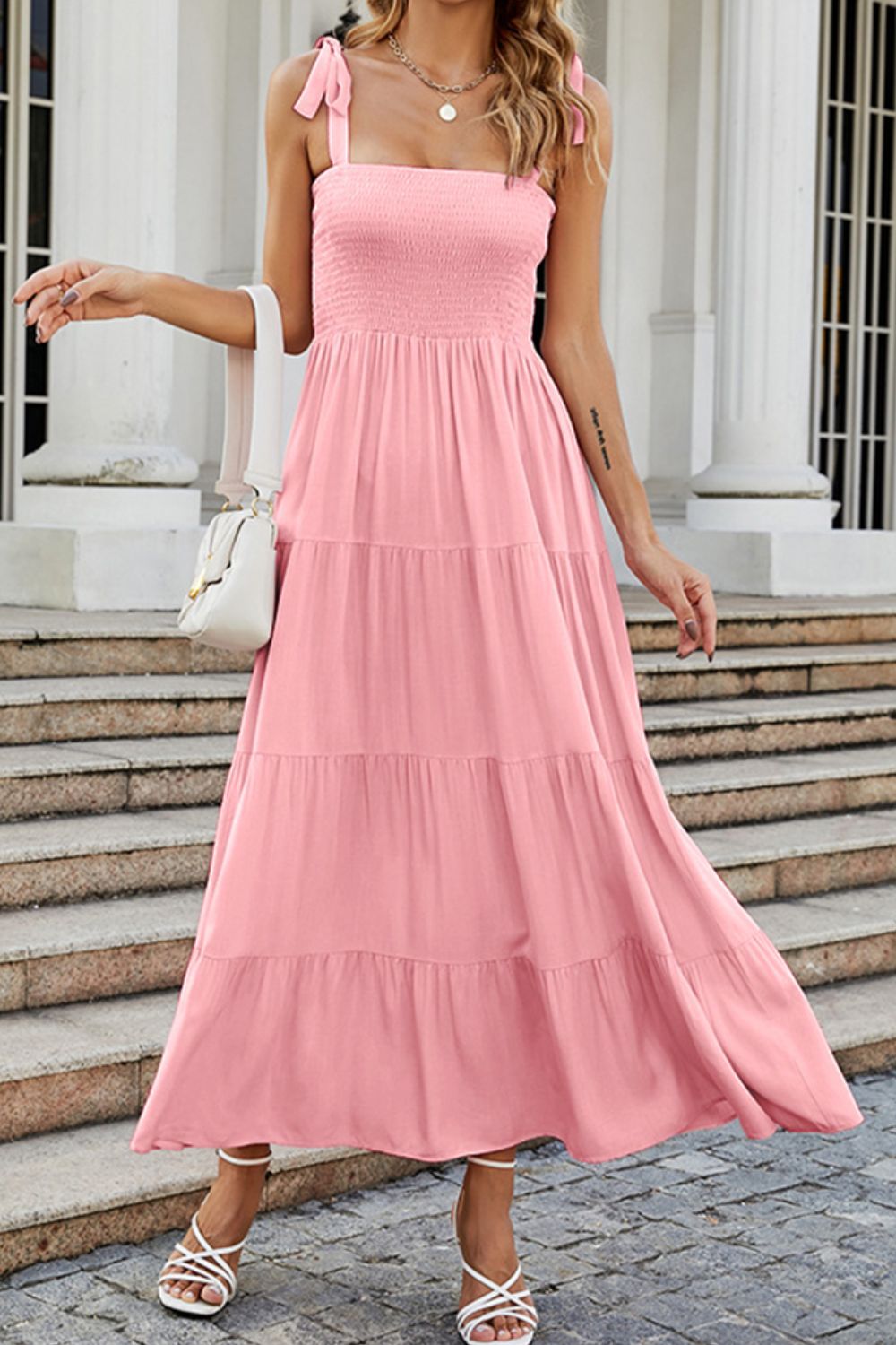 Tie-Shoulder Smocked Tiered Dress - felvior