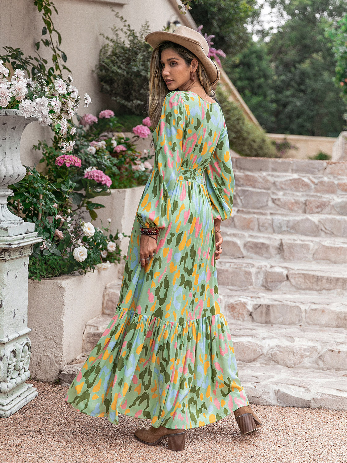 Printed Tie Neck Long Sleeve Maxi Dress - felvior