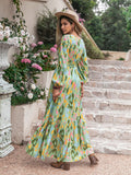Printed Tie Neck Long Sleeve Maxi Dress - felvior