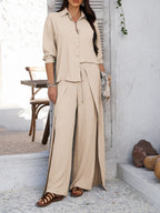 Devine Button Down Long Sleeve Top and Wide Leg Pants Set