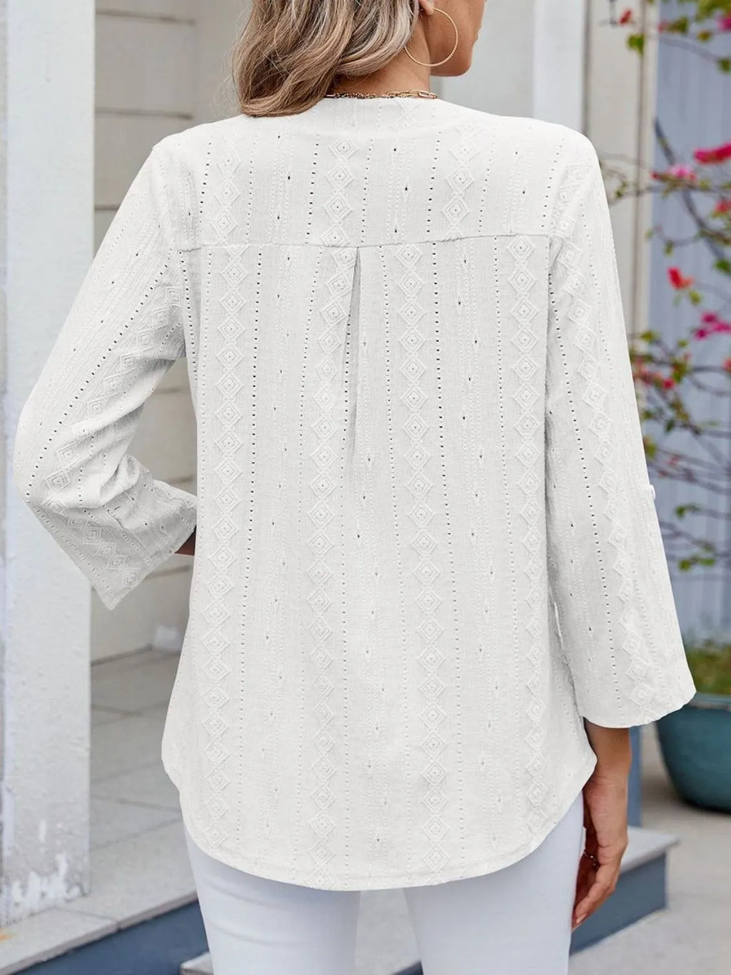 Eyelet Notched Roll-Tab Sleeve Top