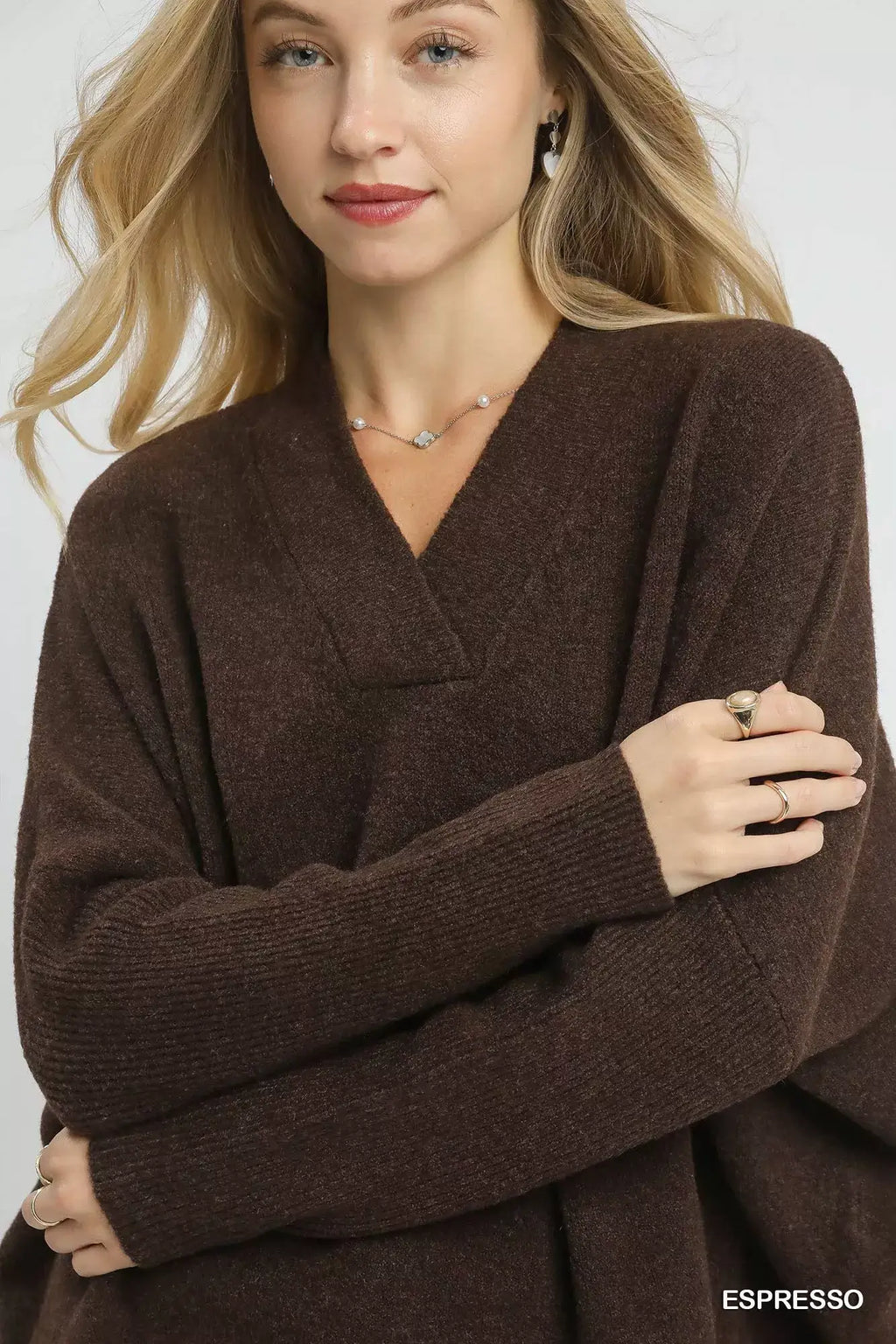 Umgee V-Neck Sweater with Wide Trim Detail