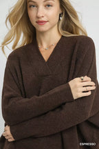 Umgee V-Neck Sweater with Wide Trim Detail