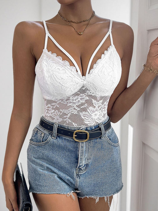 Perfee Spaghetti Strap Lace Bodysuit - felvior