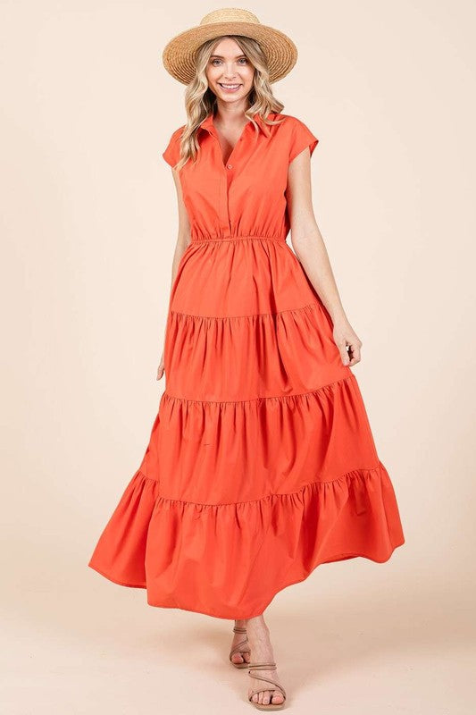 Mittoshop Button Up Collared Tiered Maxi Shirt Dress - felvior