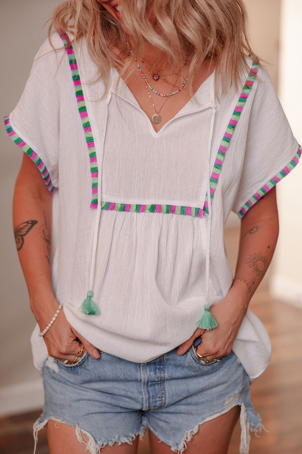 Tassel Tie Neck Short Sleeve Blouse - felvior