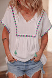 Tassel Tie Neck Short Sleeve Blouse - felvior