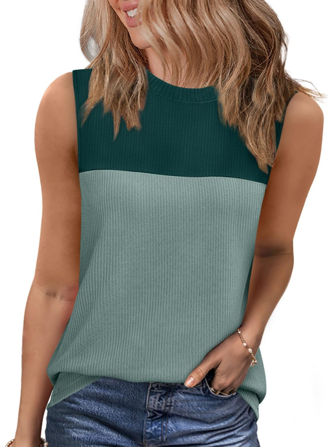 Color Block Round Neck Tank - felvior